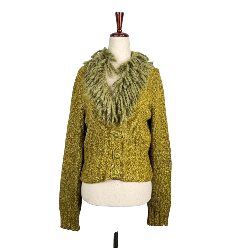 Benetton Cardigan Chartreuse Mohair Blend Knit Cardigan Shaggy Fringe Collar S